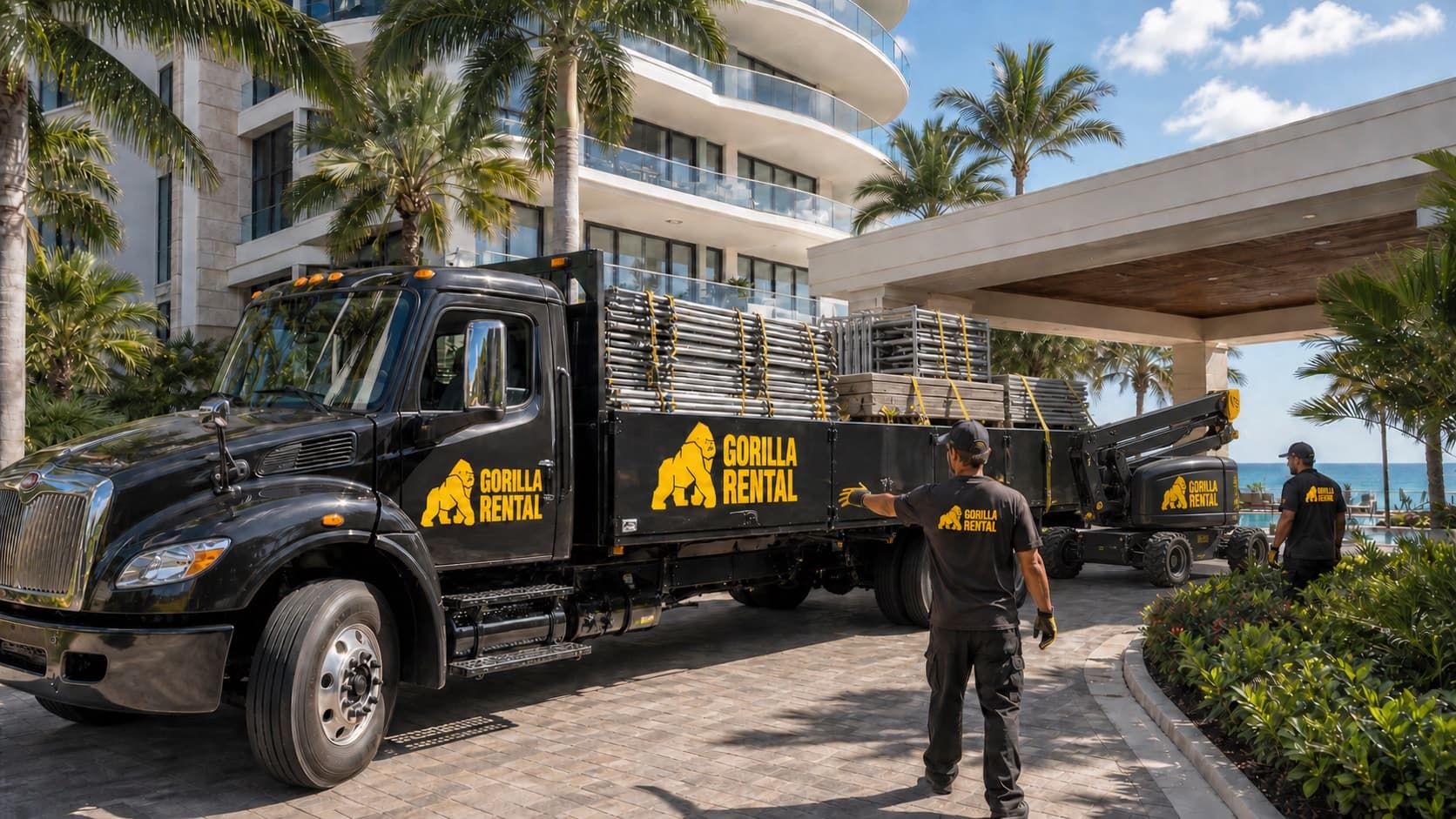 Gorilla Rental truck and boom lift arriving at a South Florida property